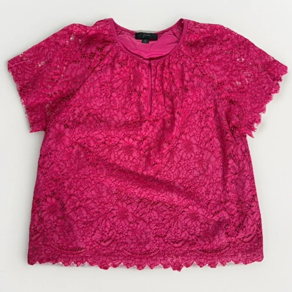 J Crew Short Sleeve Lace Top Lined Blouse Pink Small Petite Pink Flutter Sleeves